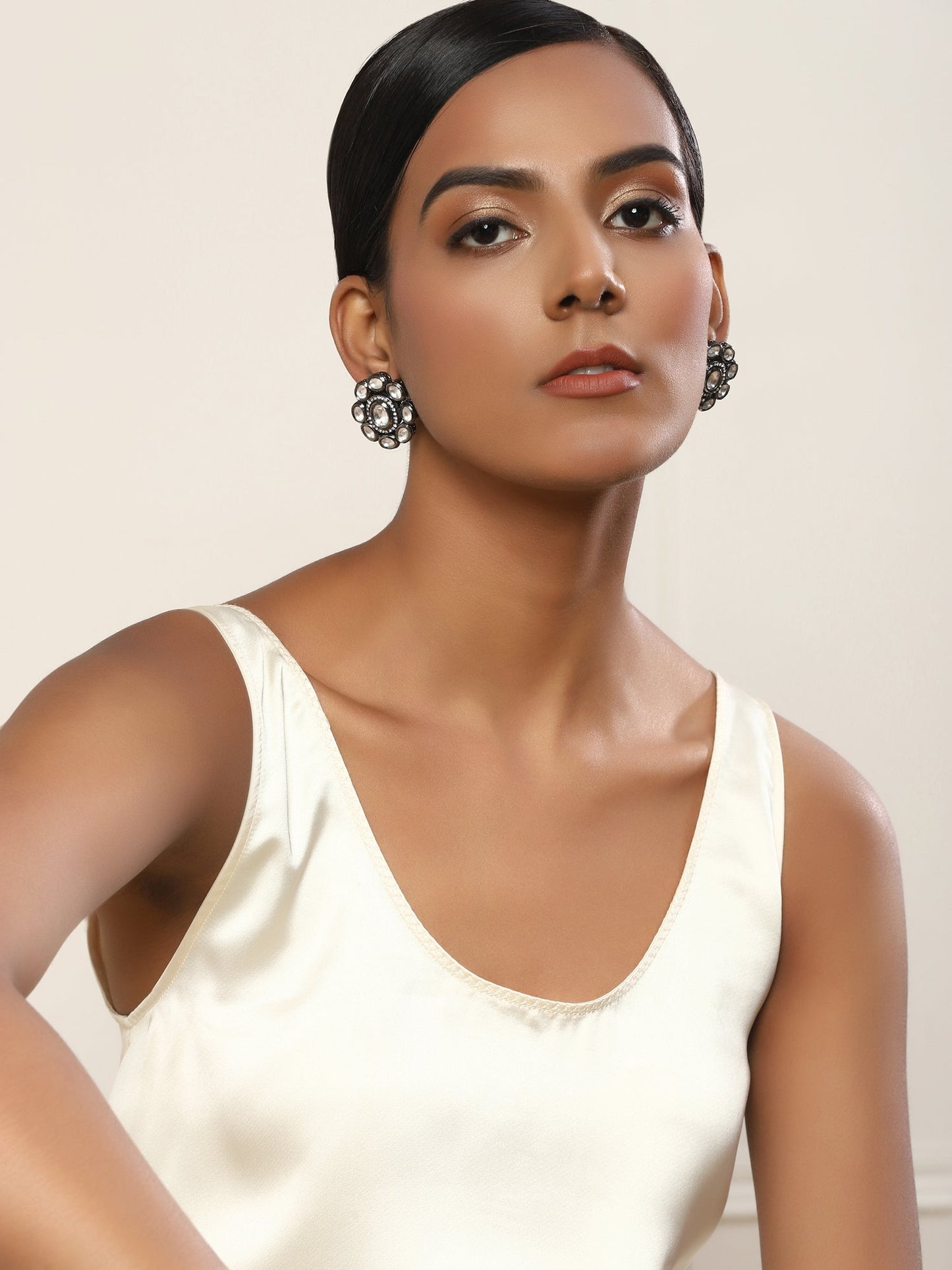 Black Silver-Plated Circular Kundan Studs Earrings - Ruby Raang - Swadesiicart