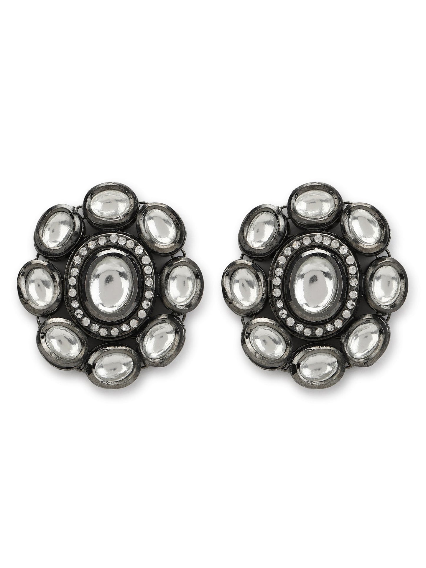Black Silver-Plated Circular Kundan Studs Earrings - Ruby Raang - Swadesiicart