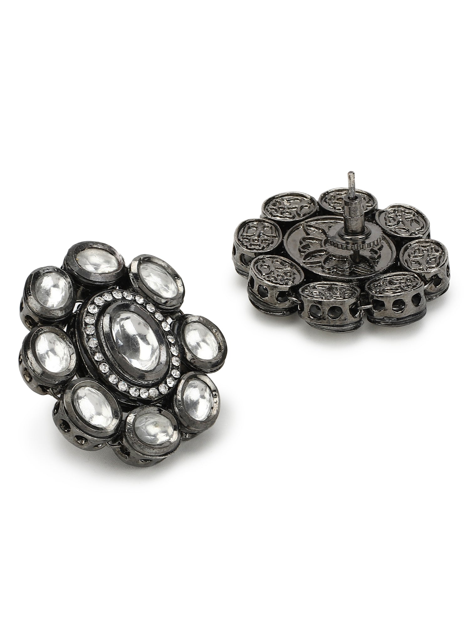 Black Silver-Plated Circular Kundan Studs Earrings - Ruby Raang - Swadesiicart