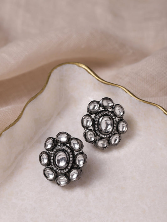 Black Silver-Plated Circular Kundan Studs Earrings - Ruby Raang - Ruby Raang Studio