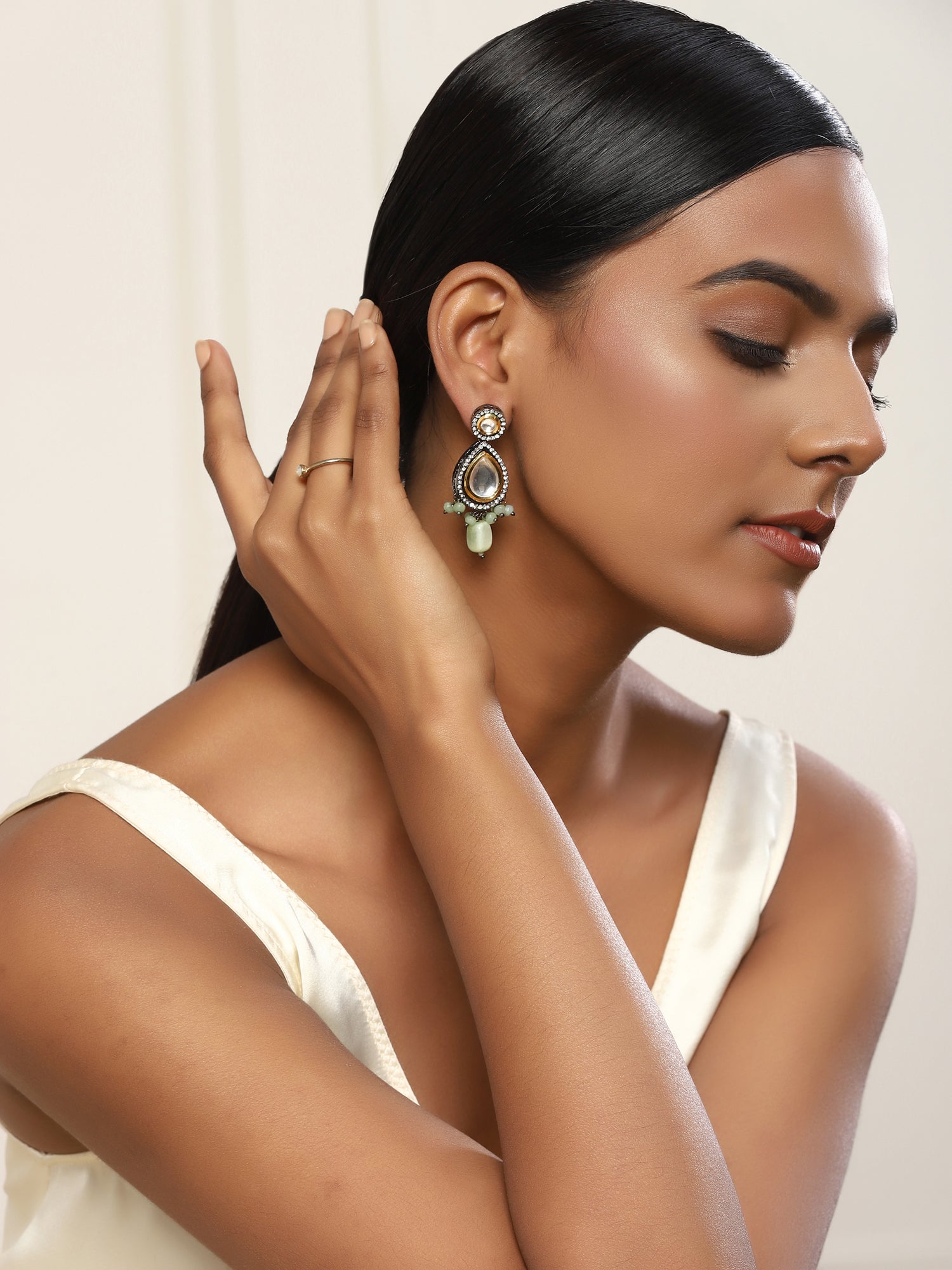 Green White Teardrop Shaped Drop Earrings - Ruby Raang - Swadesiicart