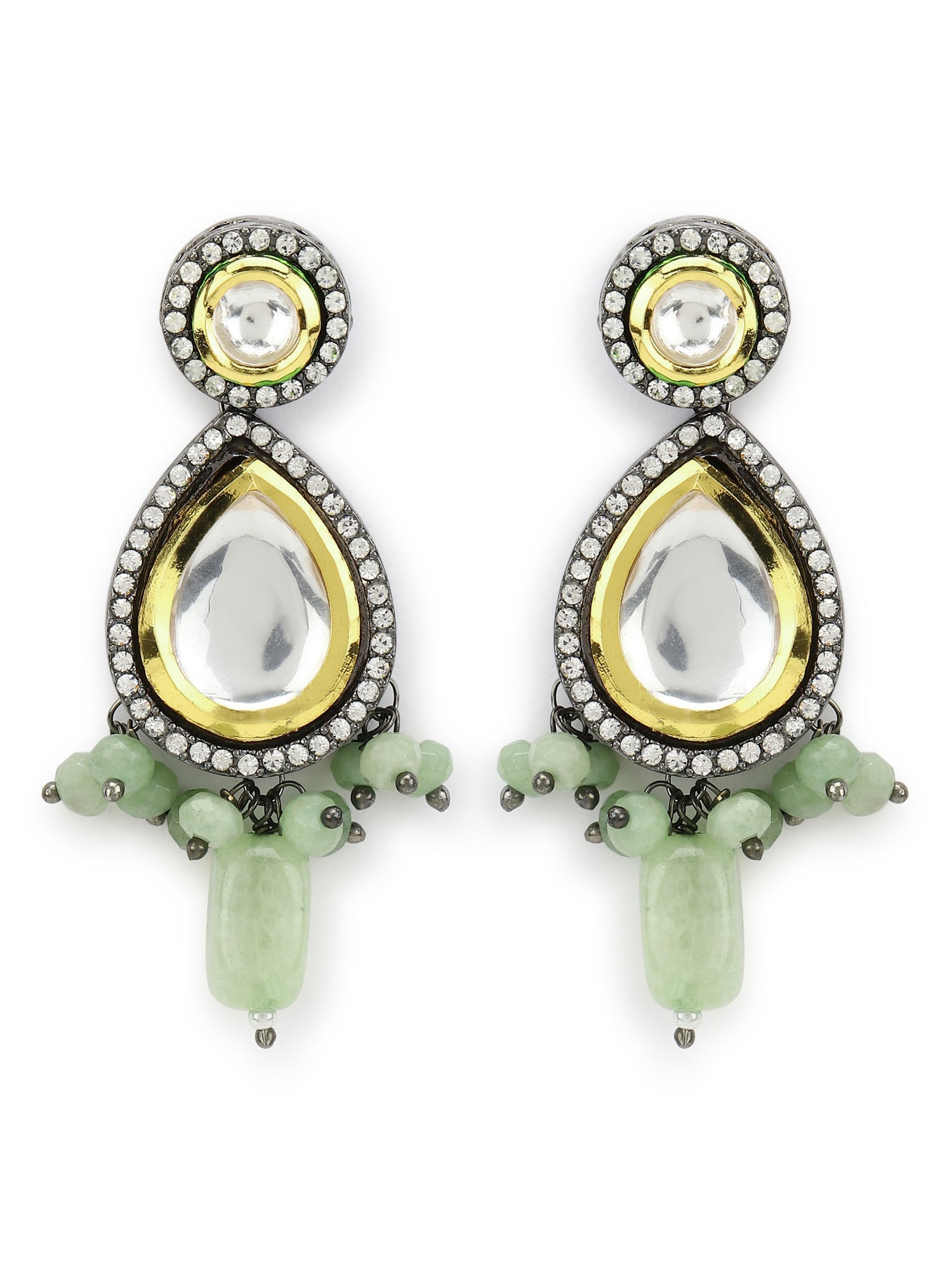 Green White Teardrop Shaped Drop Earrings - Ruby Raang - Swadesiicart