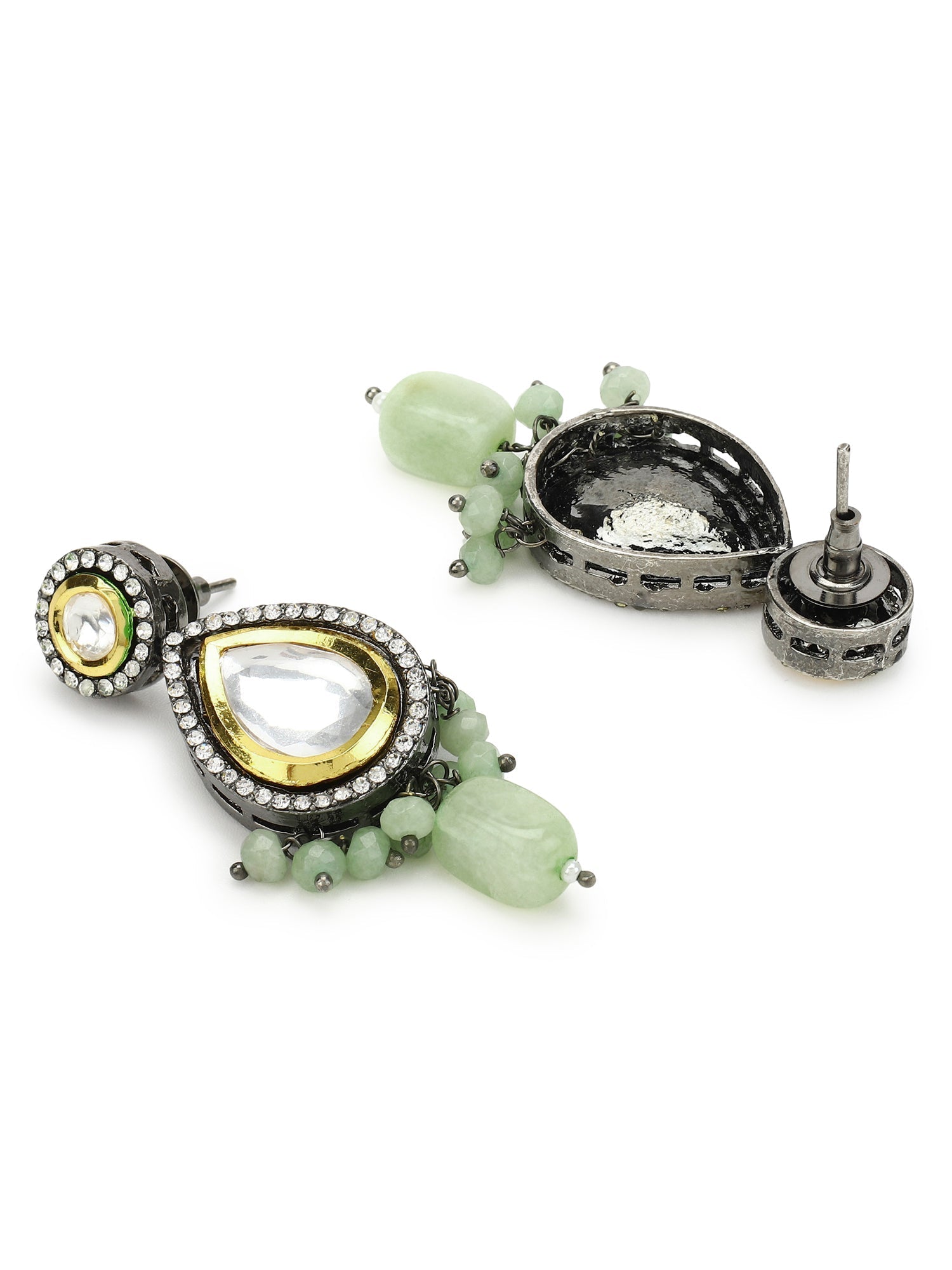 Green White Teardrop Shaped Drop Earrings - Ruby Raang - Swadesiicart