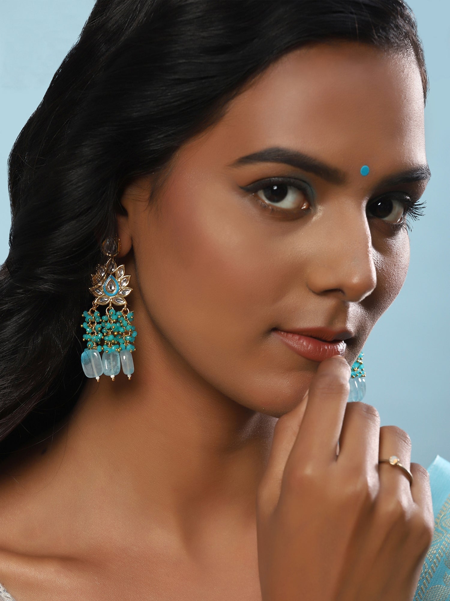 Gold-Polished Turquoise Blue Kundan Studded Classic Drop Earrings - Ruby Raang | Swadesiicart