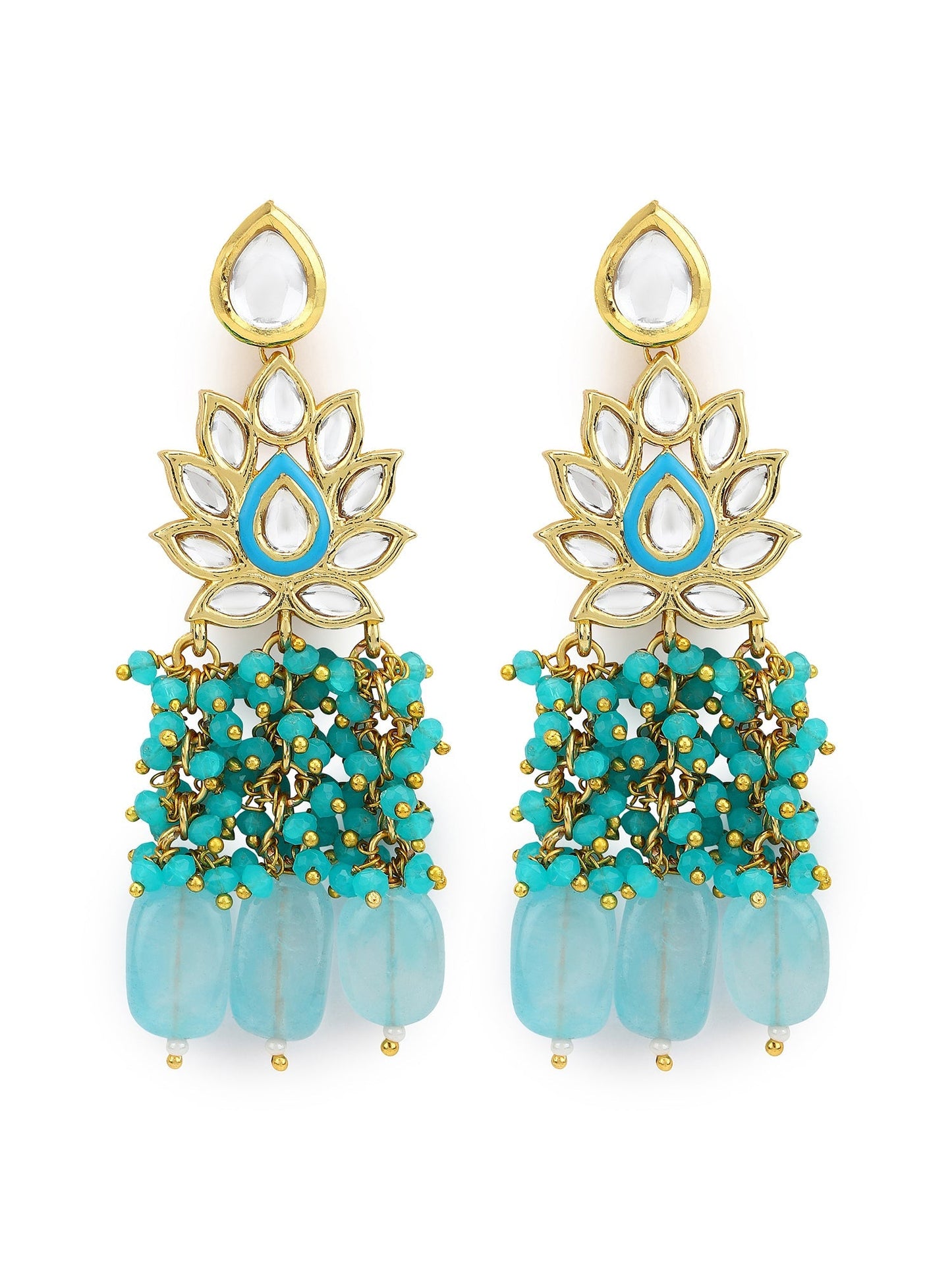 Gold-Polished Turquoise Blue Kundan Studded Classic Drop Earrings - Ruby Raang | Swadesiicart