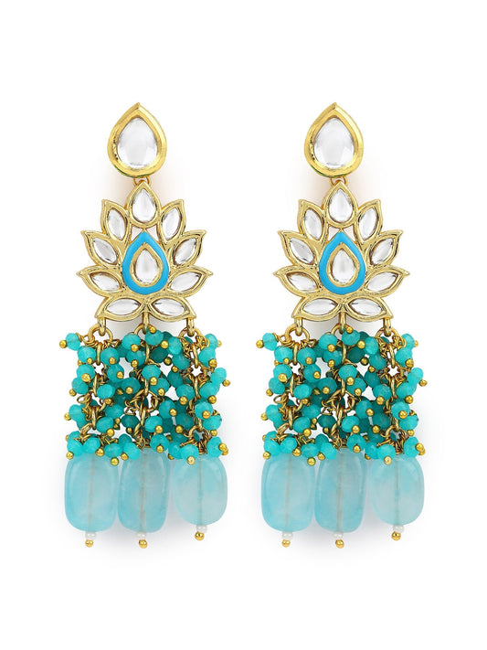 Gold-Polished Turquoise Blue Kundan Studded Classic Drop Earrings - Ruby Raang | Swadesiicart