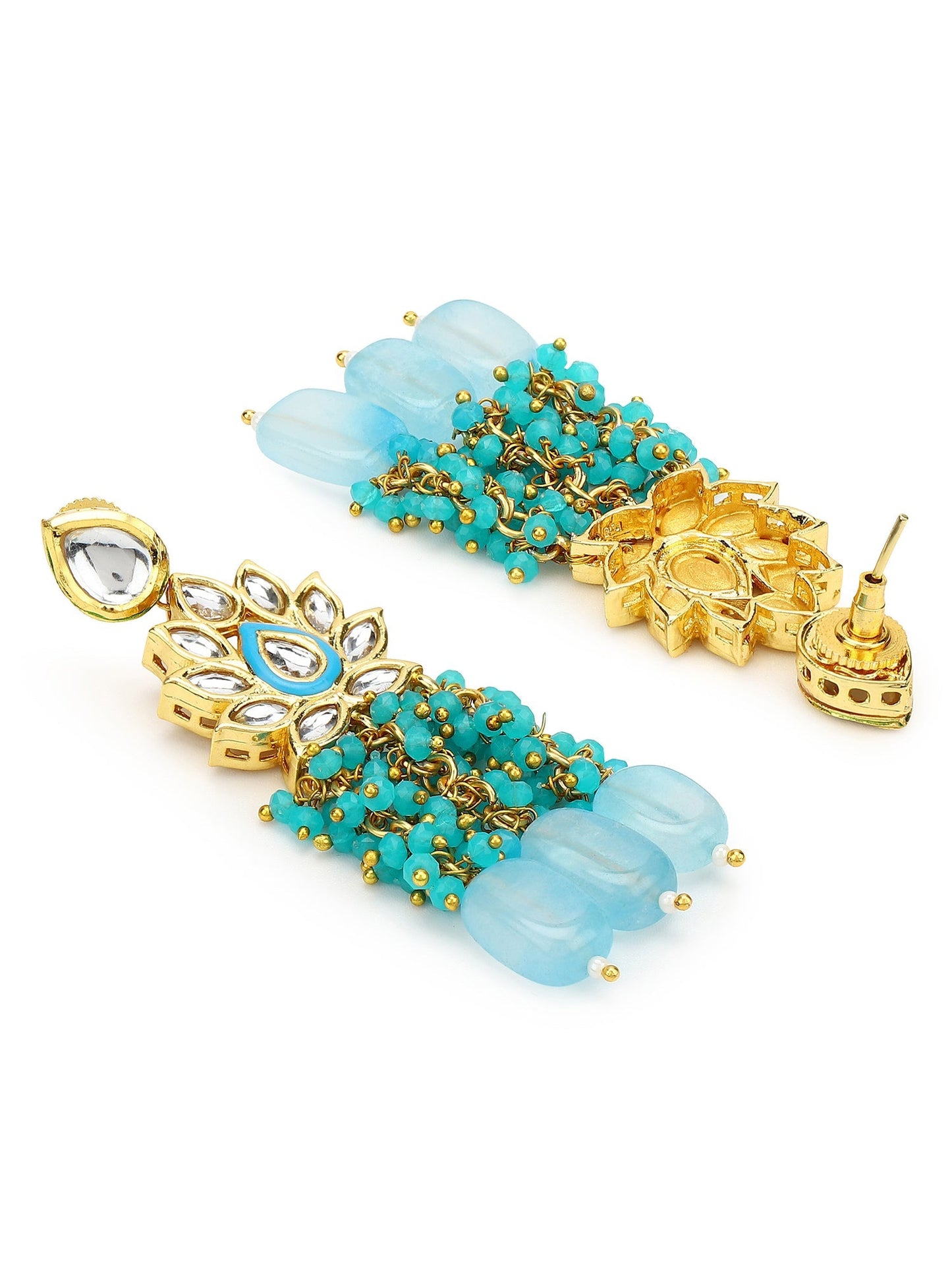 Gold-Polished Turquoise Blue Kundan Studded Classic Drop Earrings - Ruby Raang | Swadesiicart