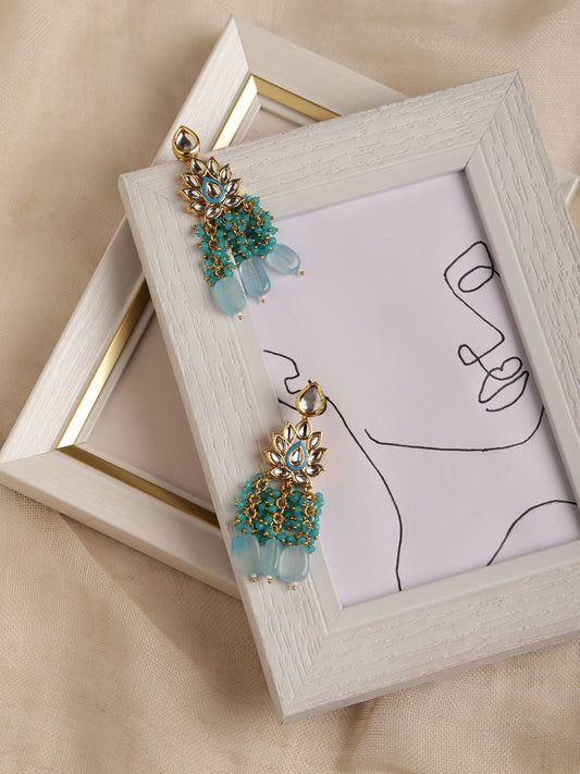 Gold-Polished Turquoise Blue Kundan Studded Classic Drop Earrings - Ruby Raang | Swadesiicart