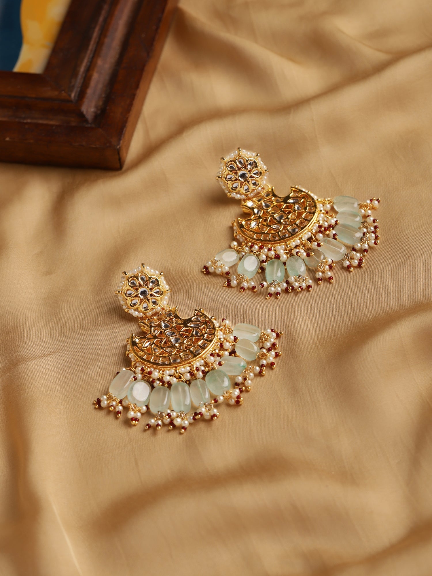 Gold-Polished Classic Kundan Studded Chandbalis Earrings - Ruby Raang - Swadesiicart