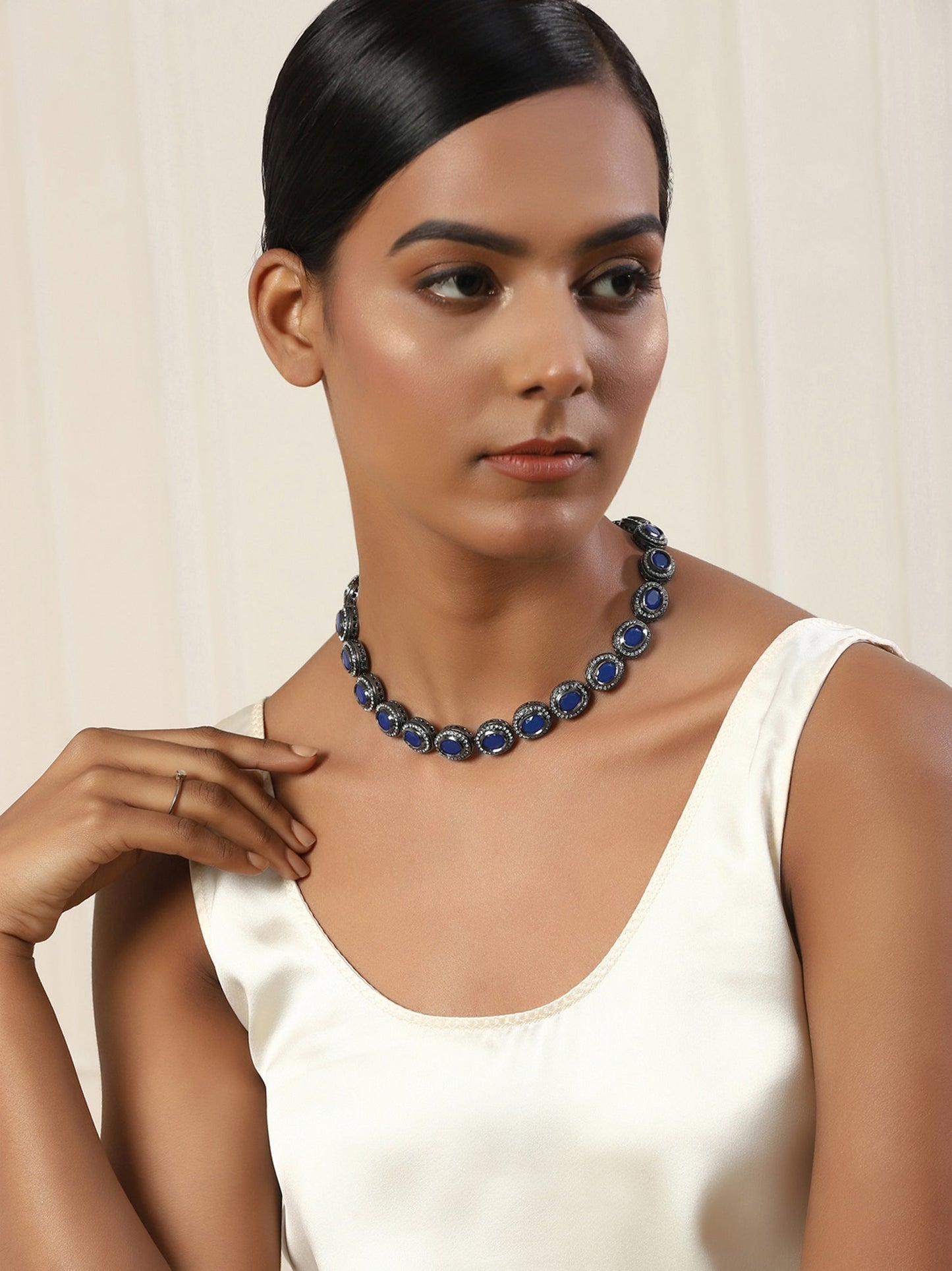 Oxidised Silver-Plated Blue White Kundan Studded Brass Choker Necklace - Ruby Raang | Swadesiicart