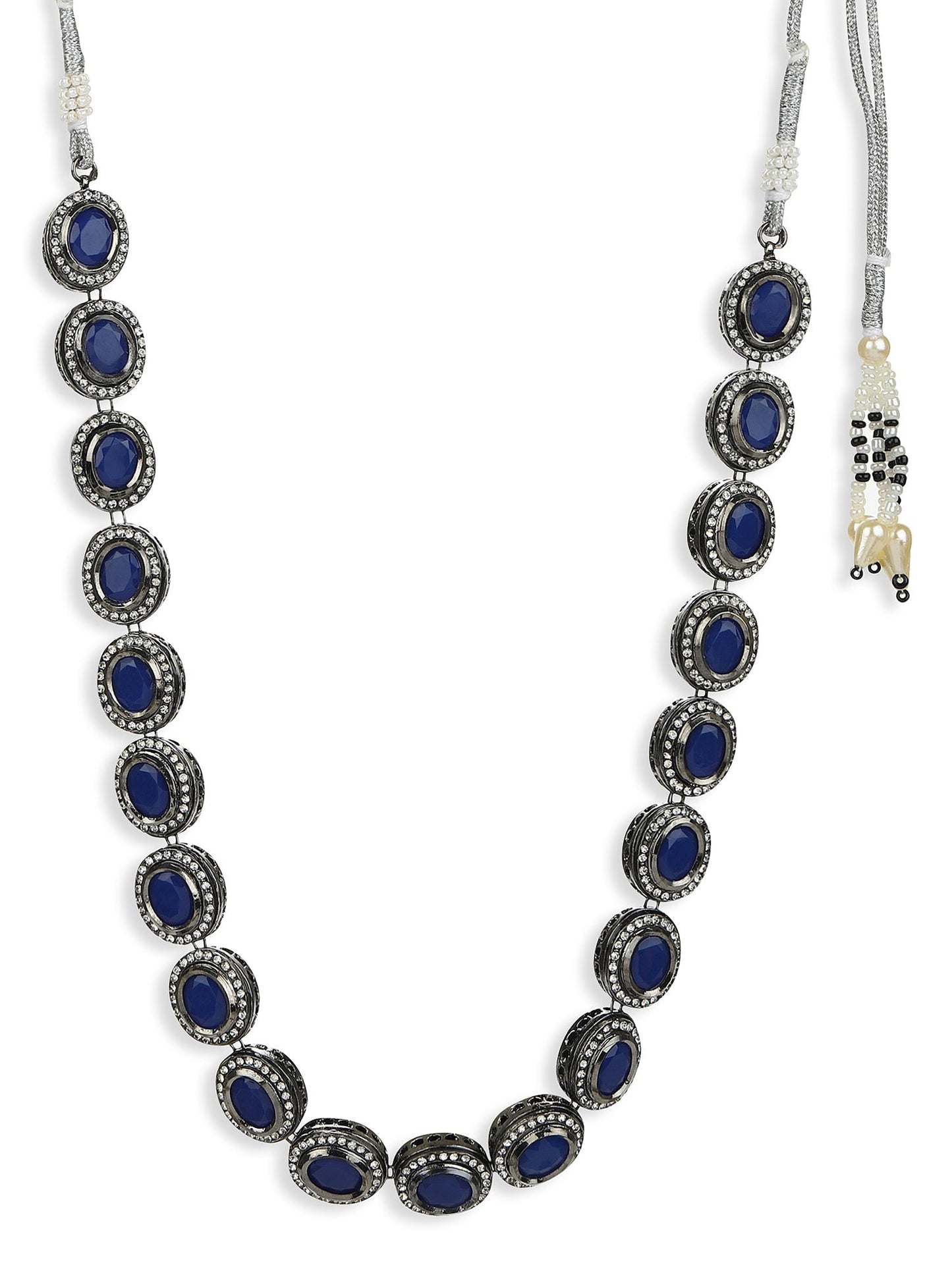 Oxidised Silver-Plated Blue White Kundan Studded Brass Choker Necklace - Ruby Raang | Swadesiicart