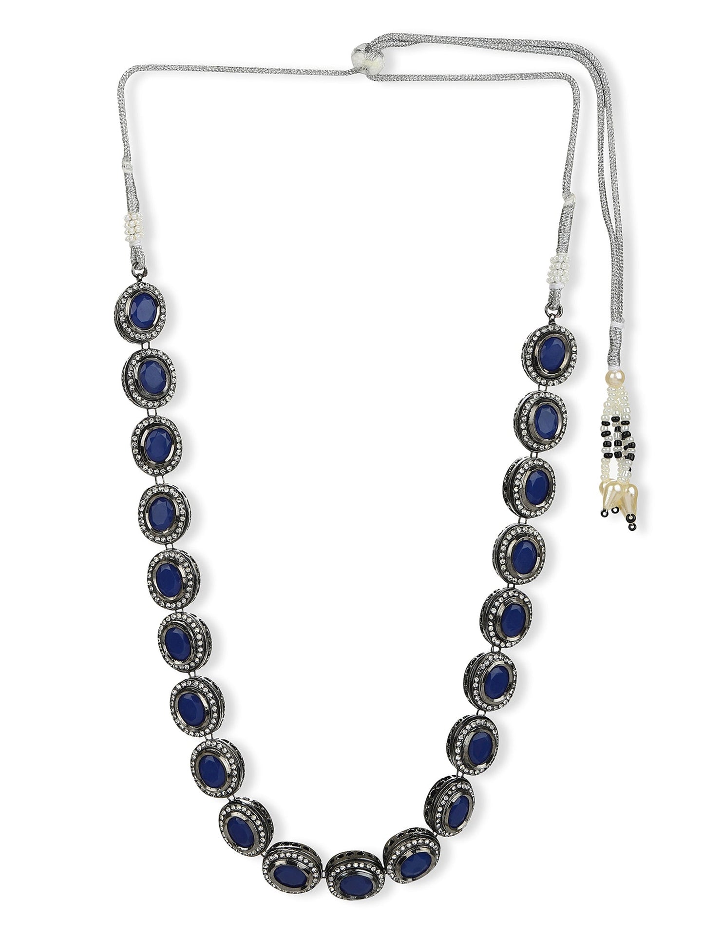 Oxidised Silver-Plated Blue White Kundan Studded Brass Choker Necklace - Ruby Raang | Swadesiicart