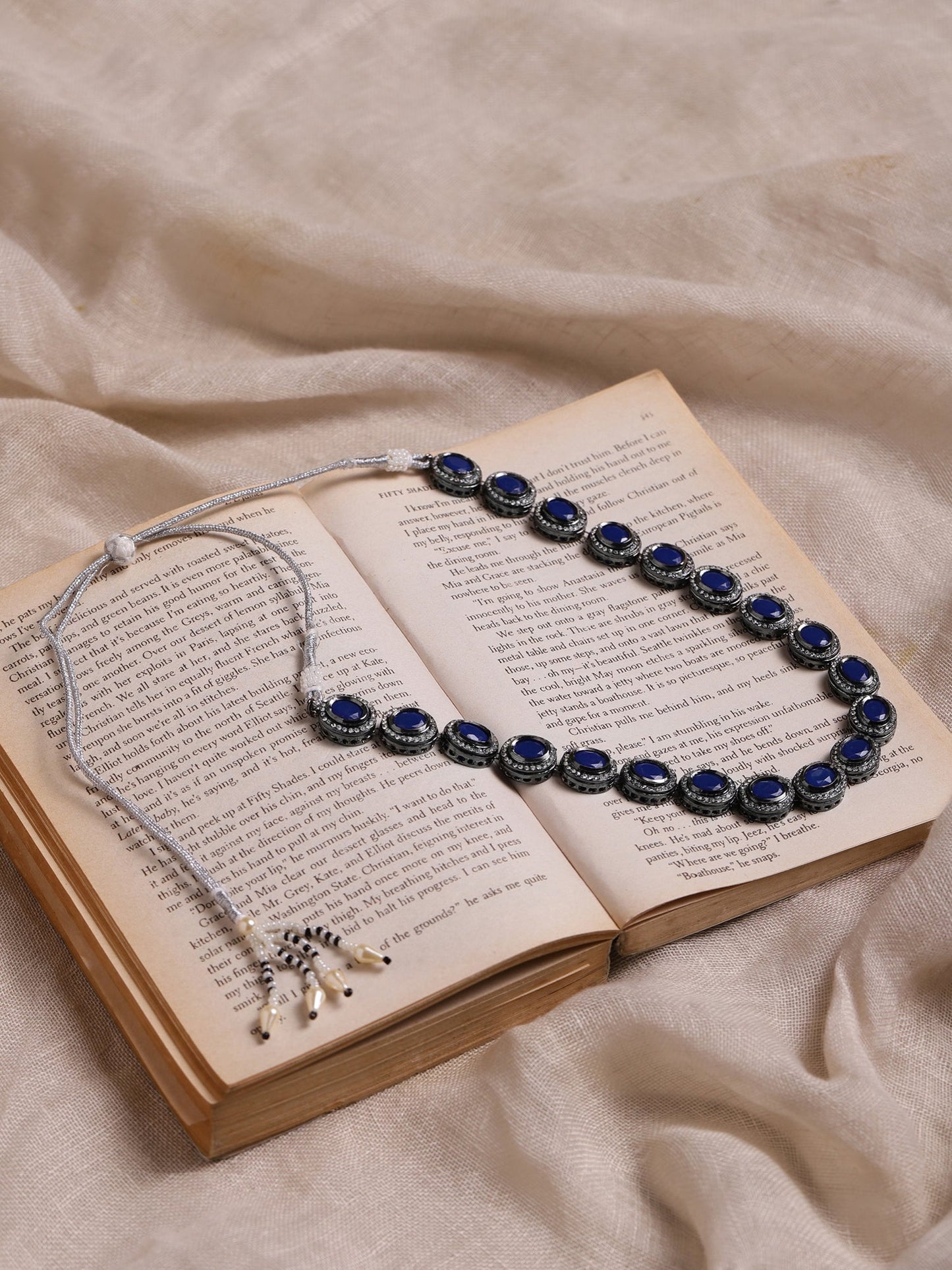 Oxidised Silver-Plated Blue White Kundan Studded Brass Choker Necklace - Ruby Raang | Swadesiicart