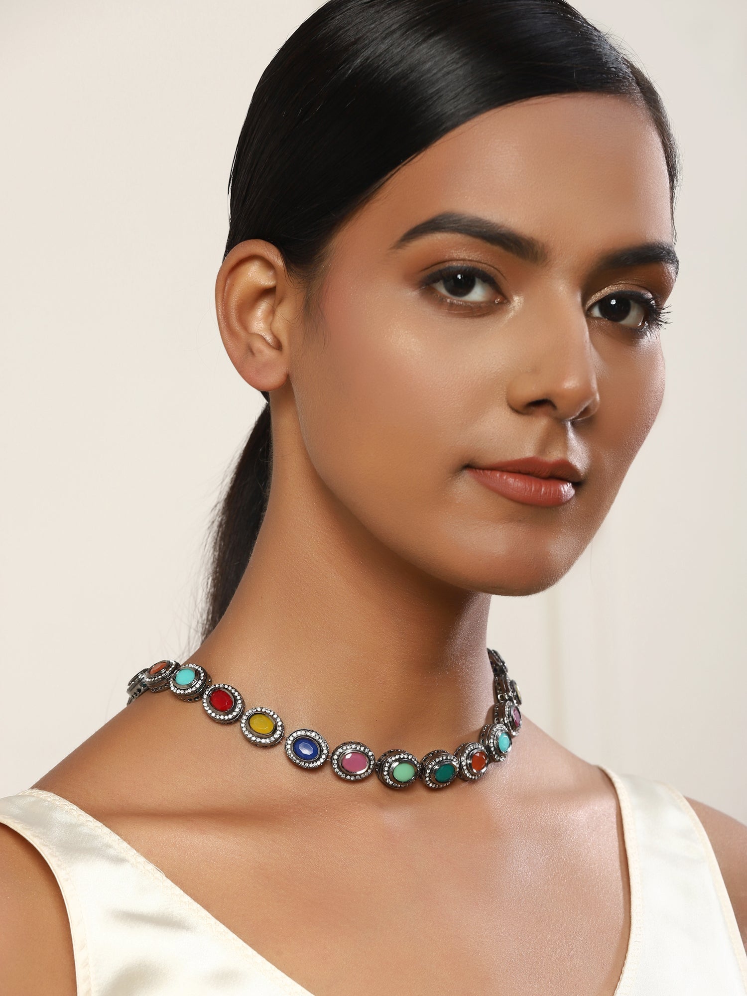 Multicoloured Brass Silver-Plated Handcrafted Necklace - Ruby Raang | Swadesiicart