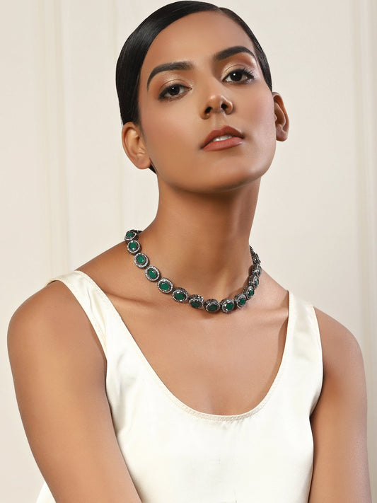 Green Silver-Toned Brass Silver-Plated Necklace - Ruby Raang | Swadesiicart