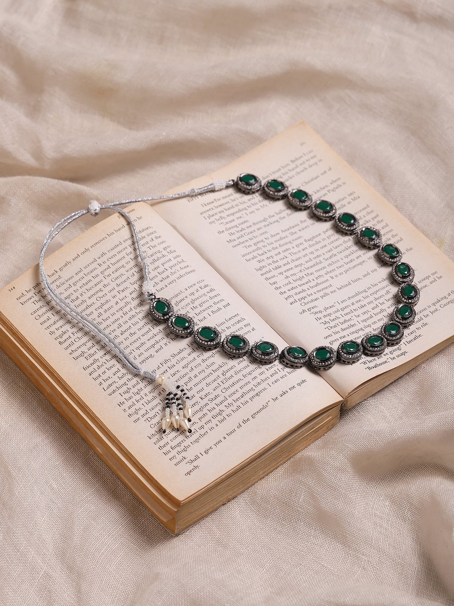Green Silver-Toned Brass Silver-Plated Necklace - Ruby Raang | Swadesiicart