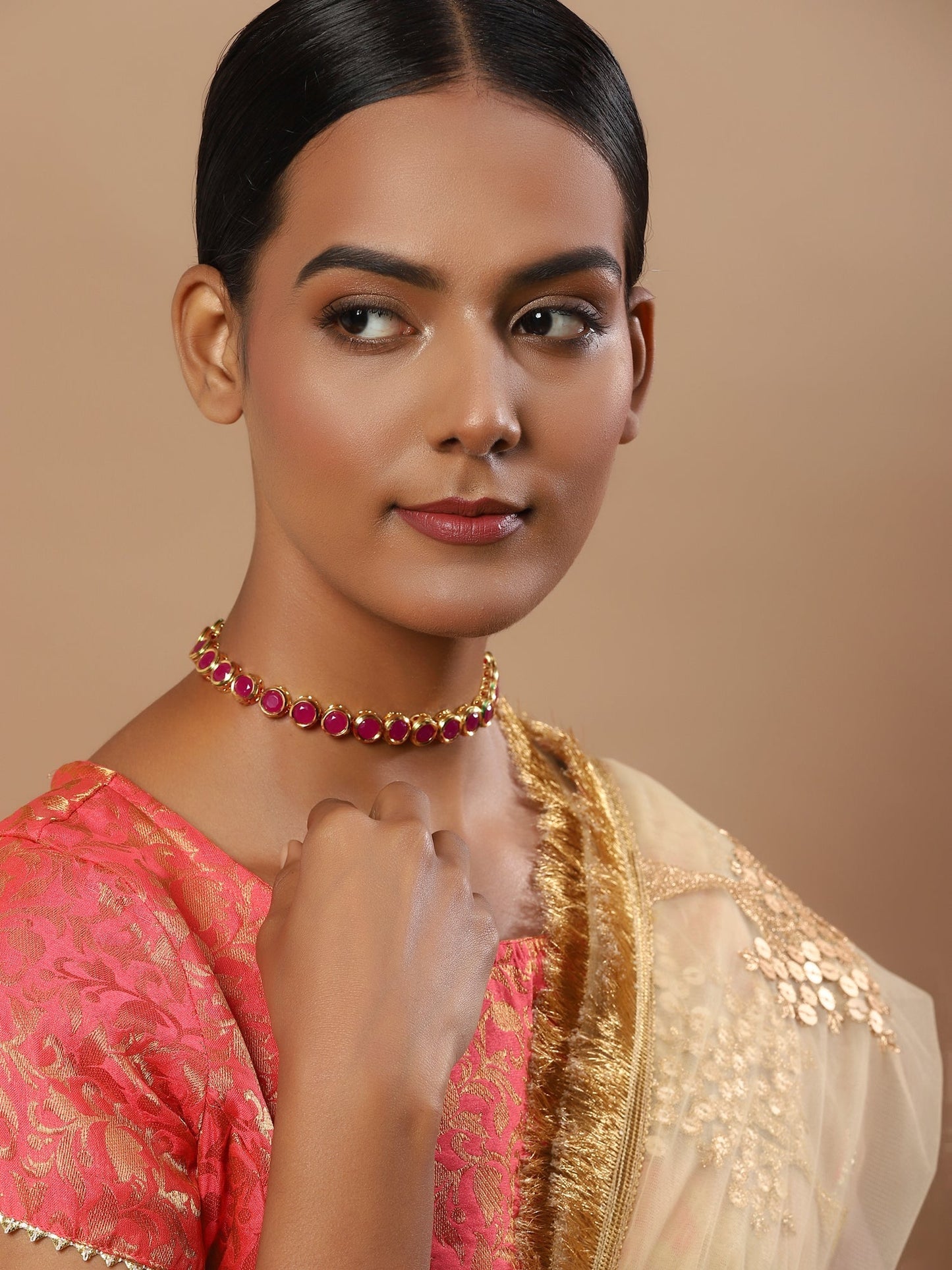 Pink Brass Gold-Polished Necklace - Ruby Raang | Swadesiicart