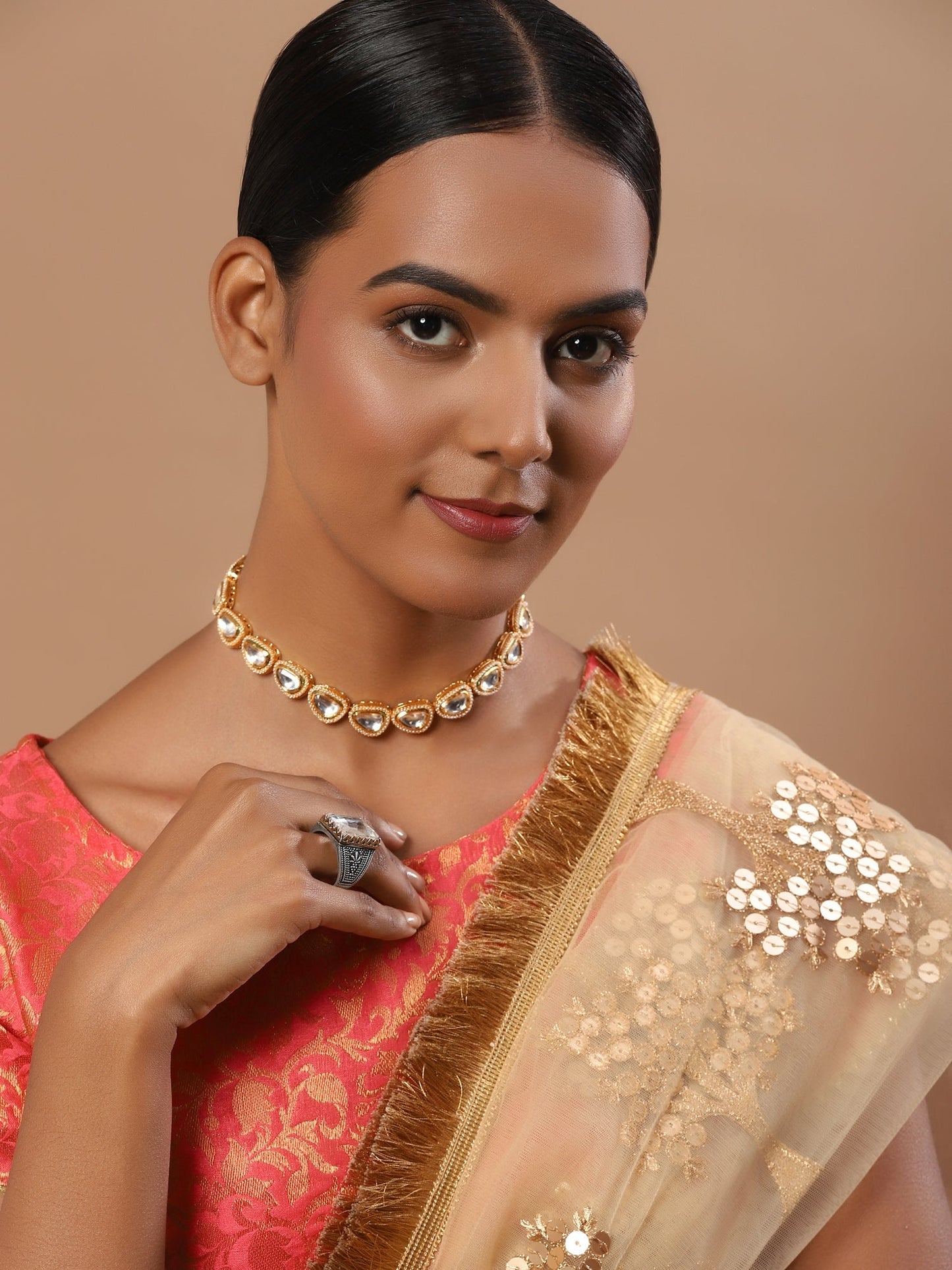White Brass Gold-Polished Necklace - Ruby Raang | Swadesiicart