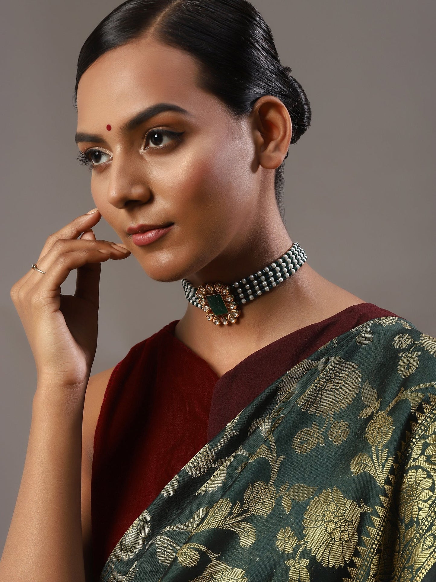 Gold-Polished Green Choker Necklace - Ruby Raang | Swadesiicart