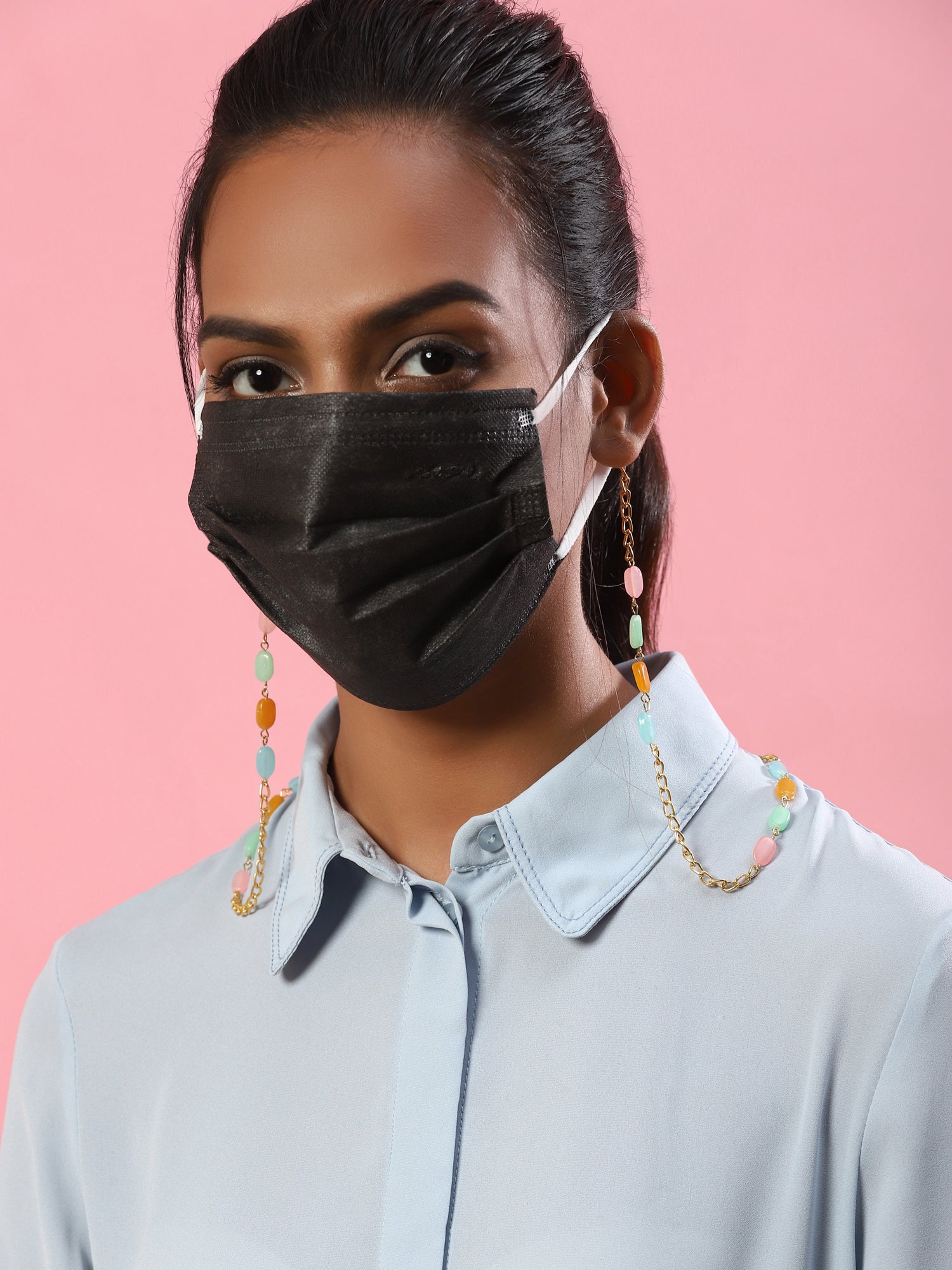 Gold-Polished Multicolored Beaded Mask Chain - Ruby Raang | Swadesiicart