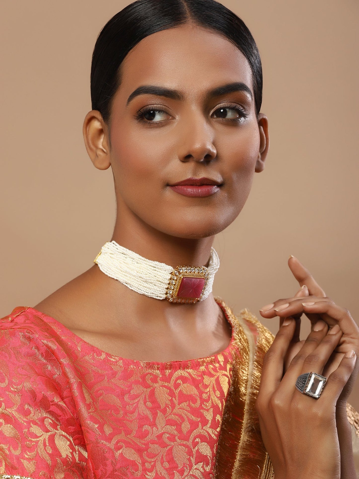 Gold-Polished White Pink Kundan Studded Beaded Brass Choker Necklace - Ruby Raang | Swadesiicart