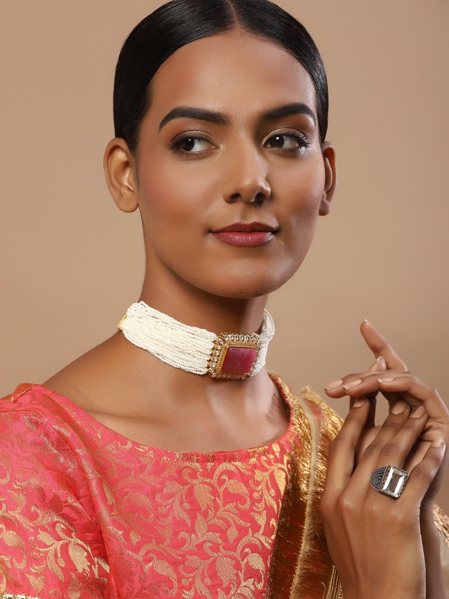 Gold-Polished White Pink Kundan Studded Beaded Brass Choker Necklace - Ruby Raang | Swadesiicart
