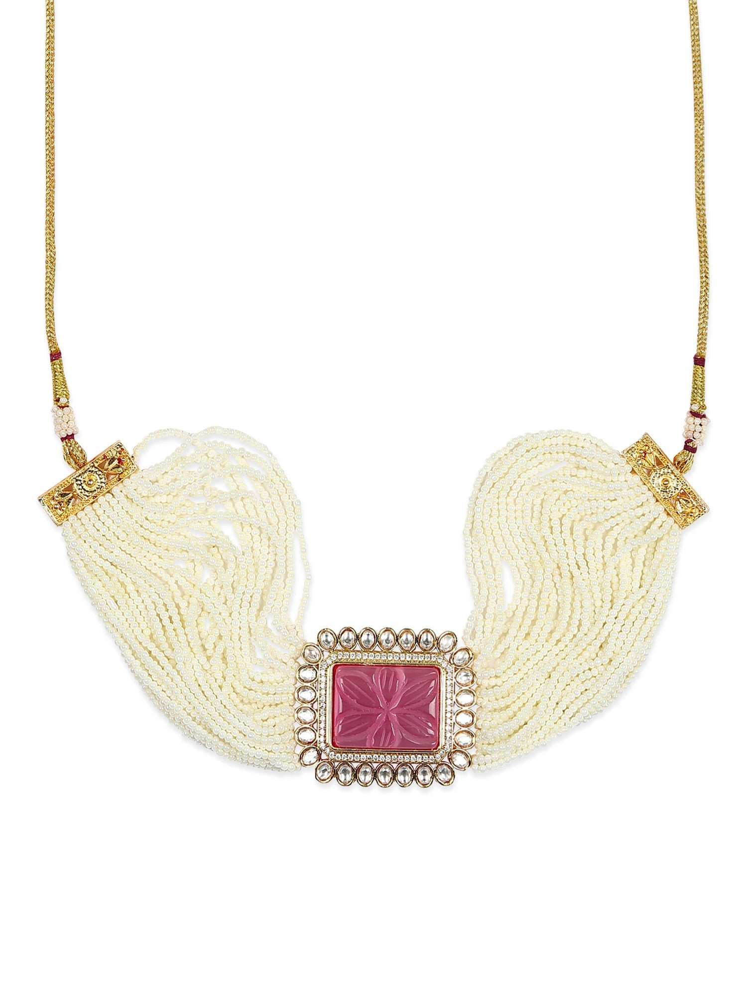 Gold-Polished White Pink Kundan Studded Beaded Brass Choker Necklace - Ruby Raang | Swadesiicart