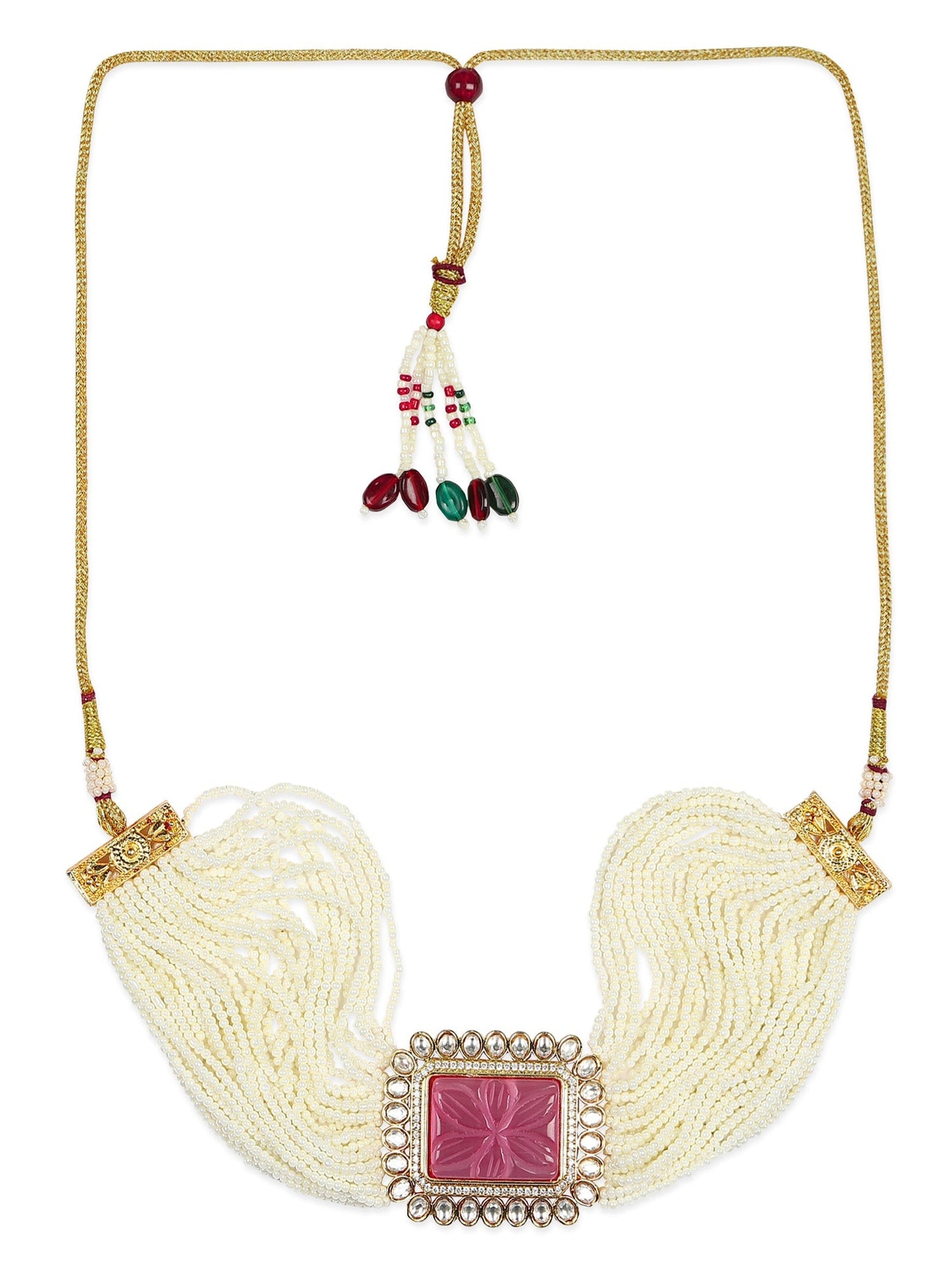 Gold-Polished White Pink Kundan Studded Beaded Brass Choker Necklace - Ruby Raang | Swadesiicart