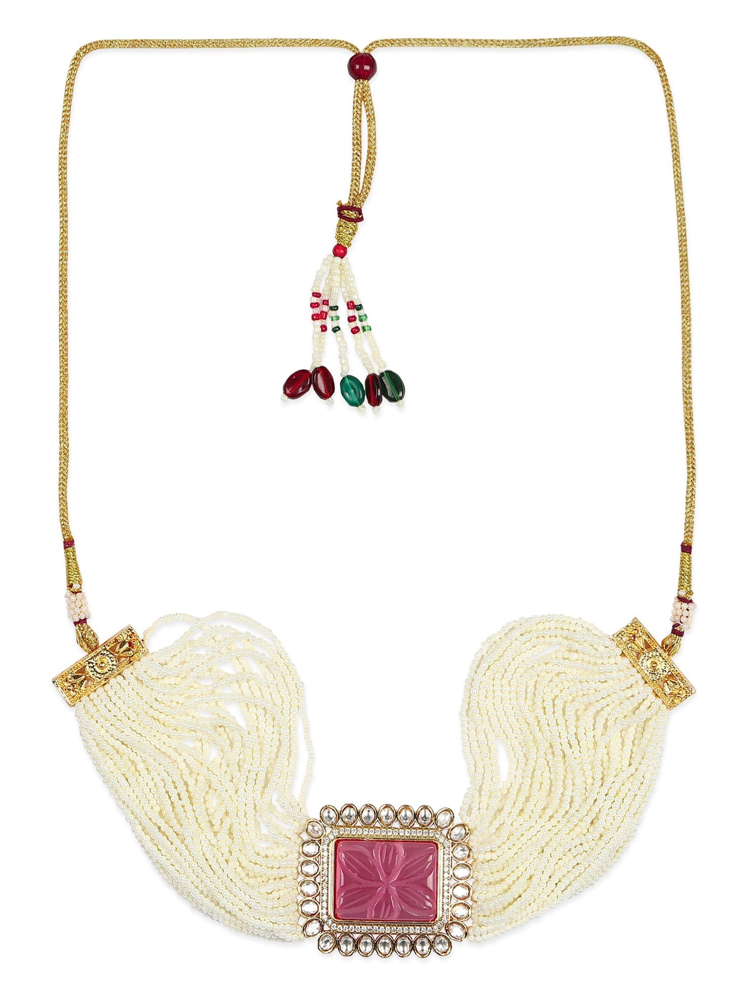 Gold-Polished White Pink Kundan Studded Beaded Brass Choker Necklace - Ruby Raang | Swadesiicart