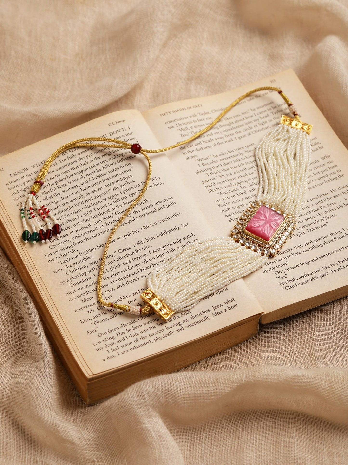 Gold-Polished White Pink Kundan Studded Beaded Brass Choker Necklace - Ruby Raang | Swadesiicart