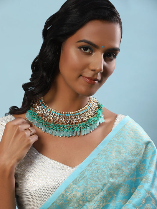 Women's Gold-Polished Kundan Studded Necklace - Ruby Raang | Swadesiicart