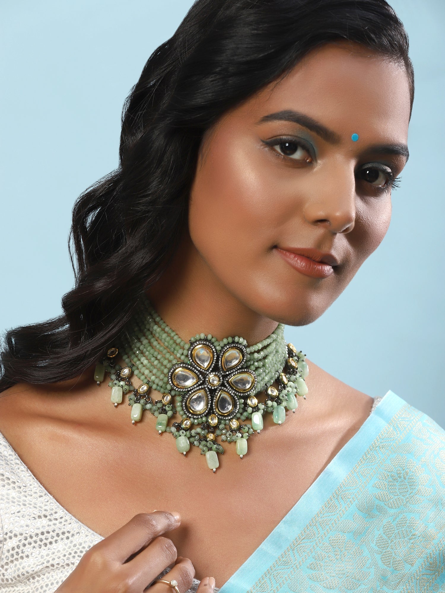 Silver-Plated Green Kundan Brass Necklace - Ruby Raang | Swadesiicart