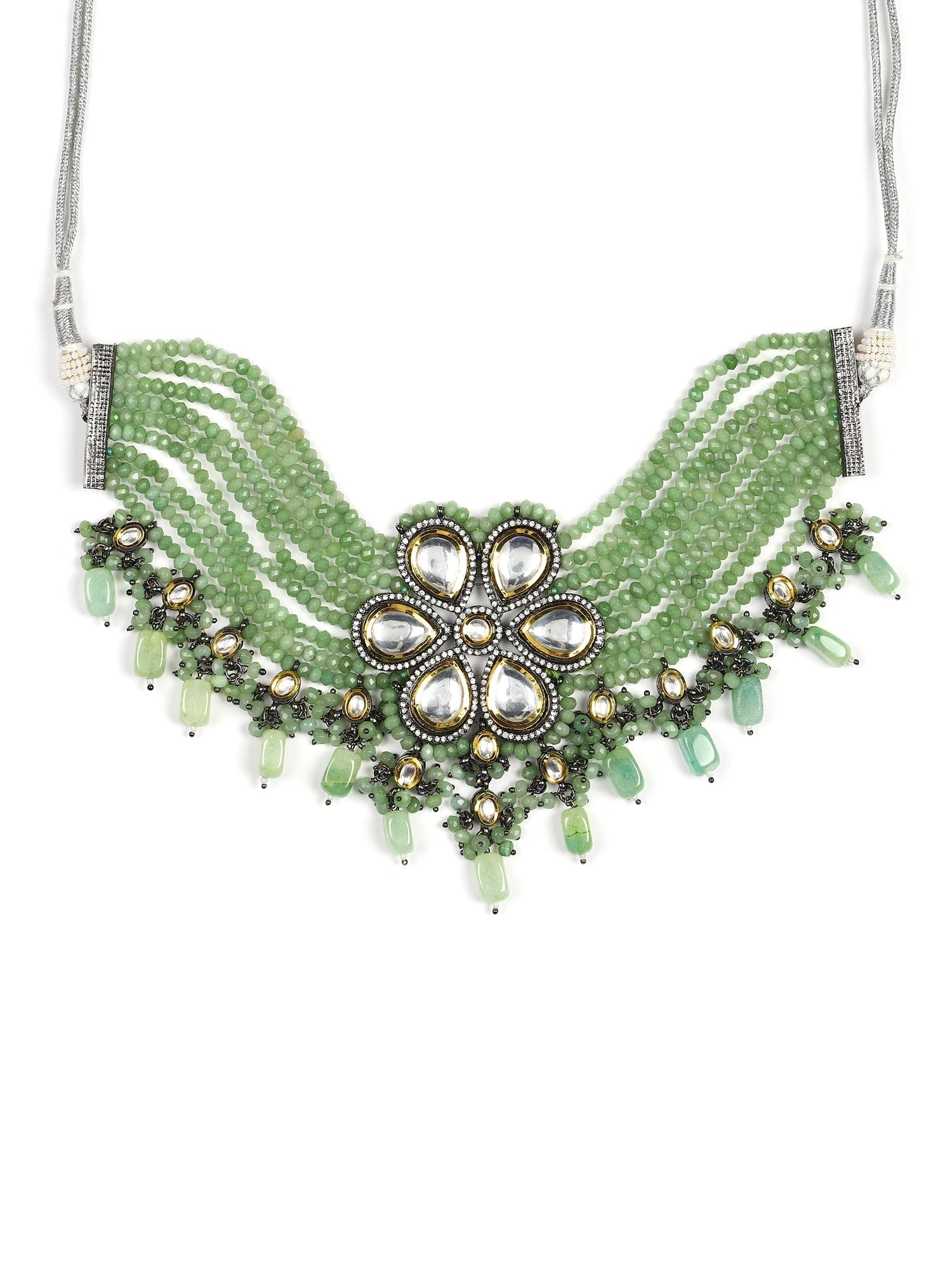 Silver-Plated Green Kundan Brass Necklace - Ruby Raang | Swadesiicart