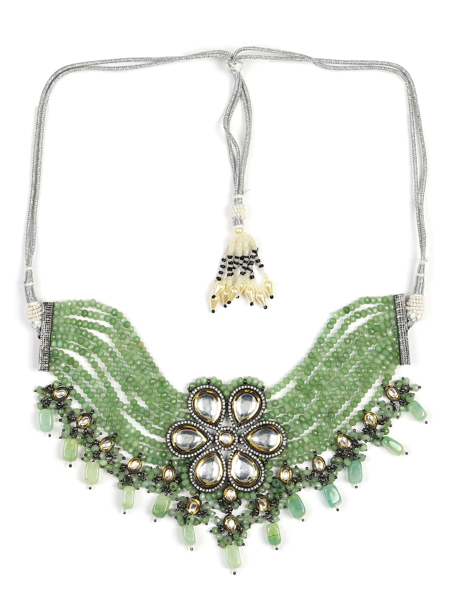 Silver-Plated Green Kundan Brass Necklace - Ruby Raang | Swadesiicart