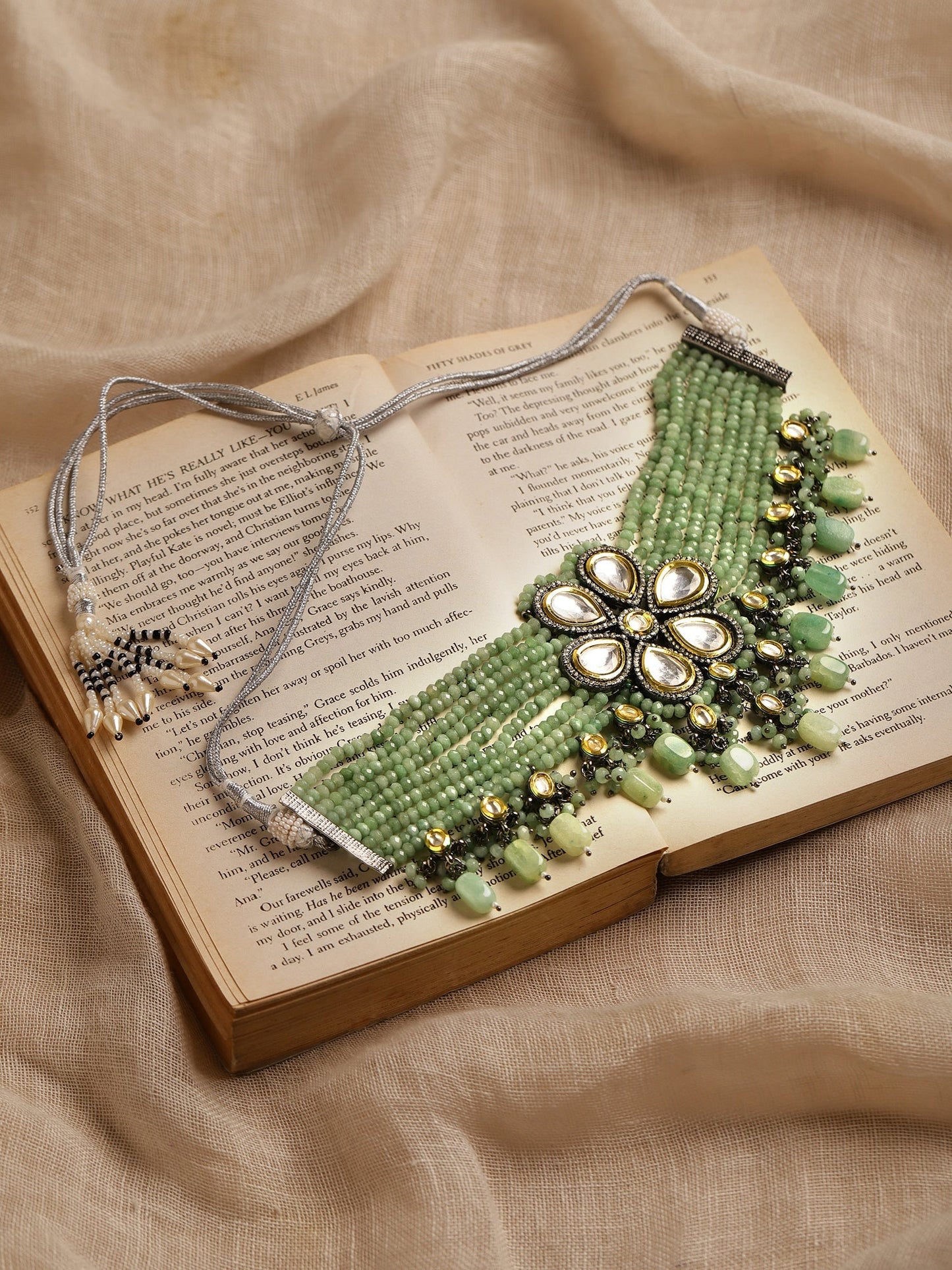 Silver-Plated Green Kundan Brass Necklace - Ruby Raang | Swadesiicart