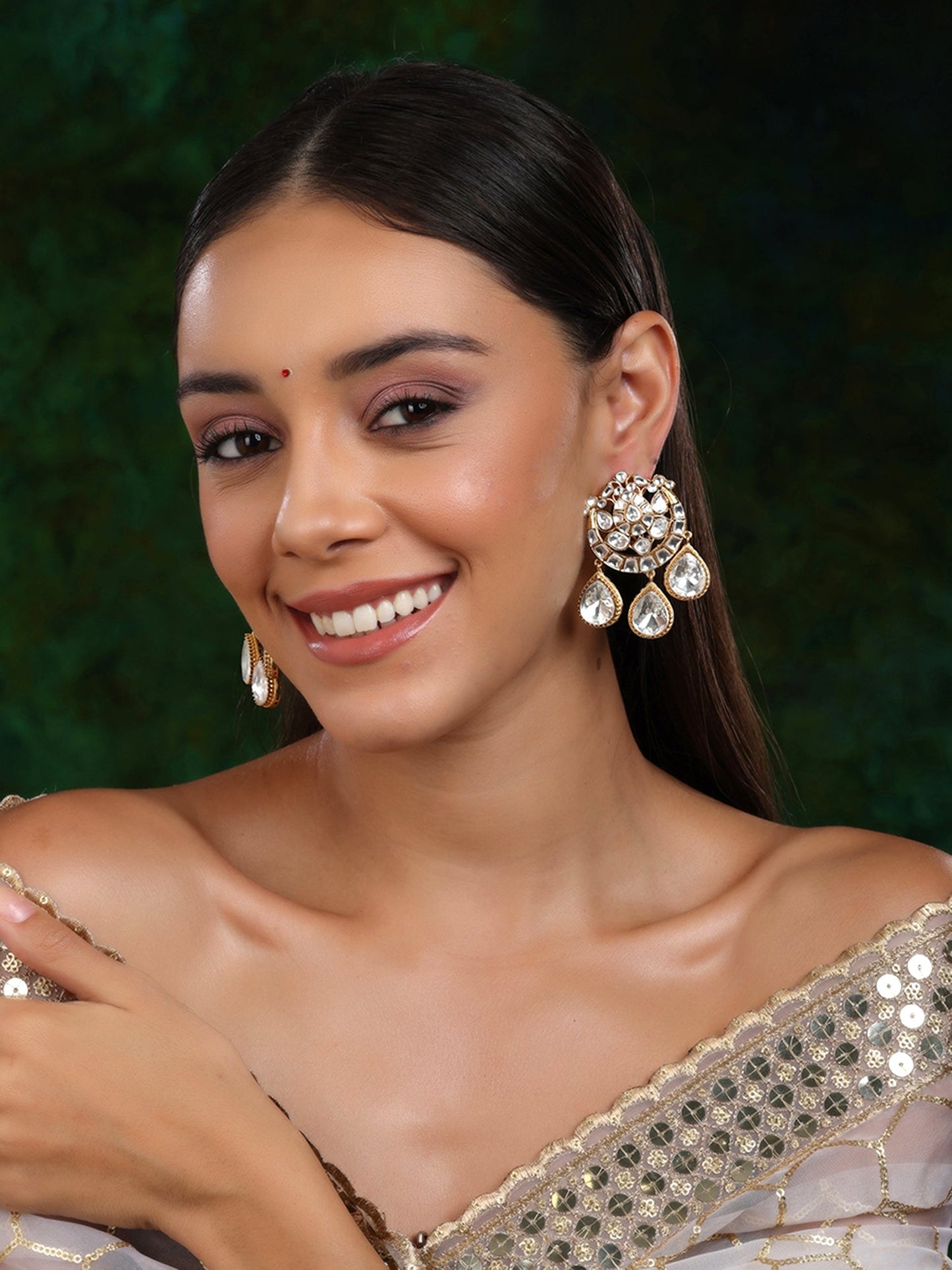 Chand Kundan Earrings with Teardrops - Ruby Raang - Swadesiicart