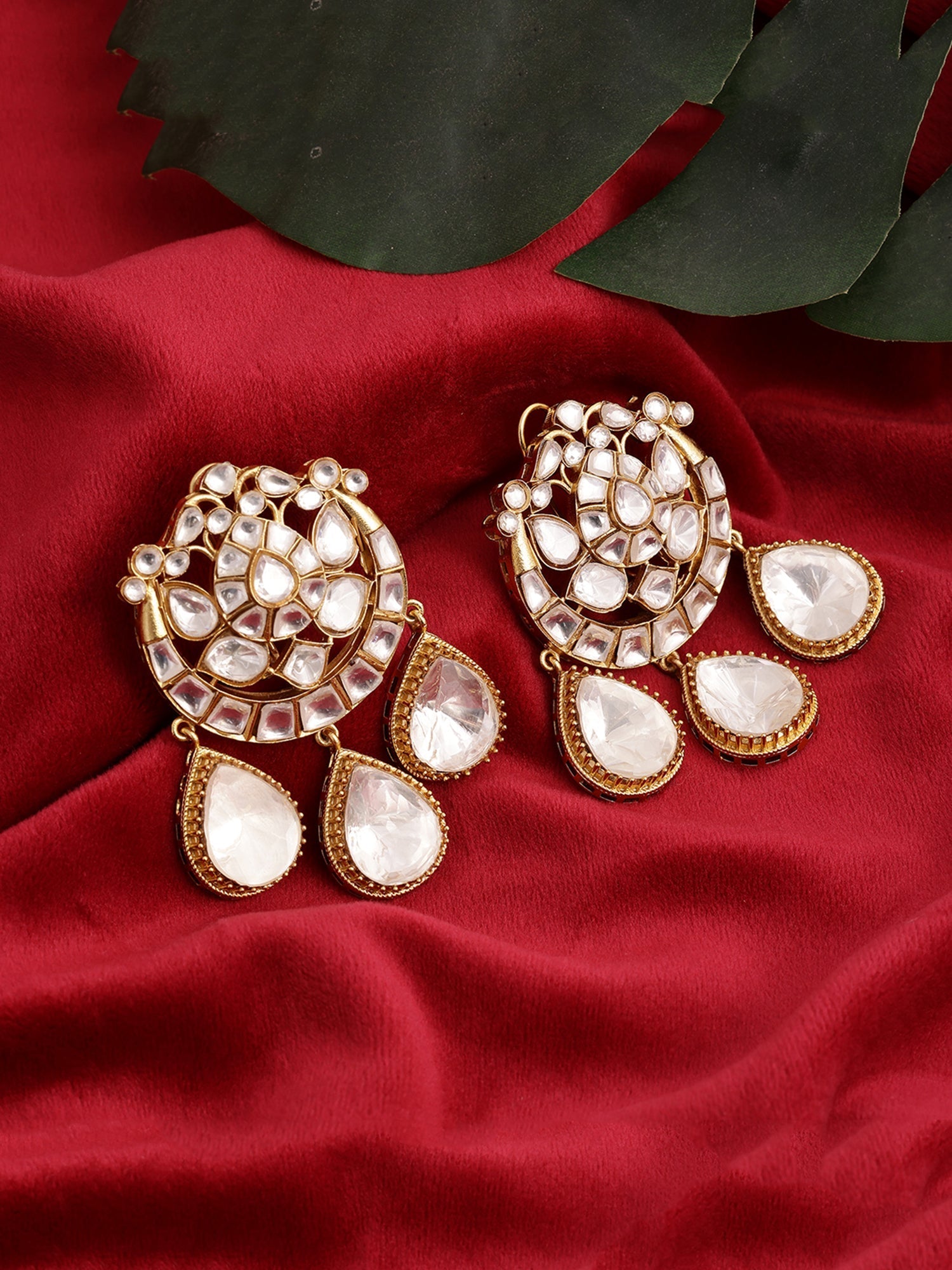 Chand Kundan Earrings with Teardrops - Ruby Raang - Swadesiicart