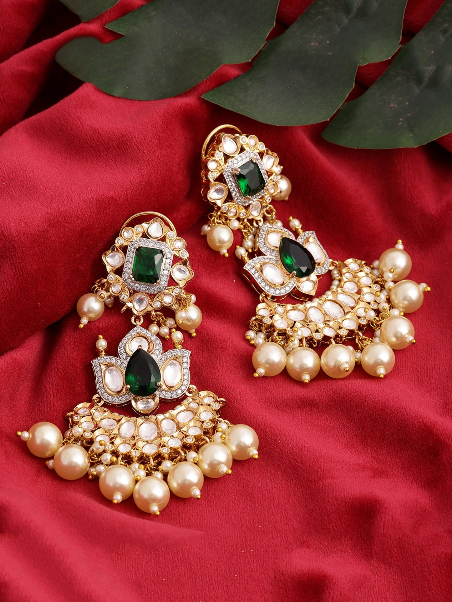 Dangler Kundan Earrings with Pearls - Ruby Raang - Swadesiicart