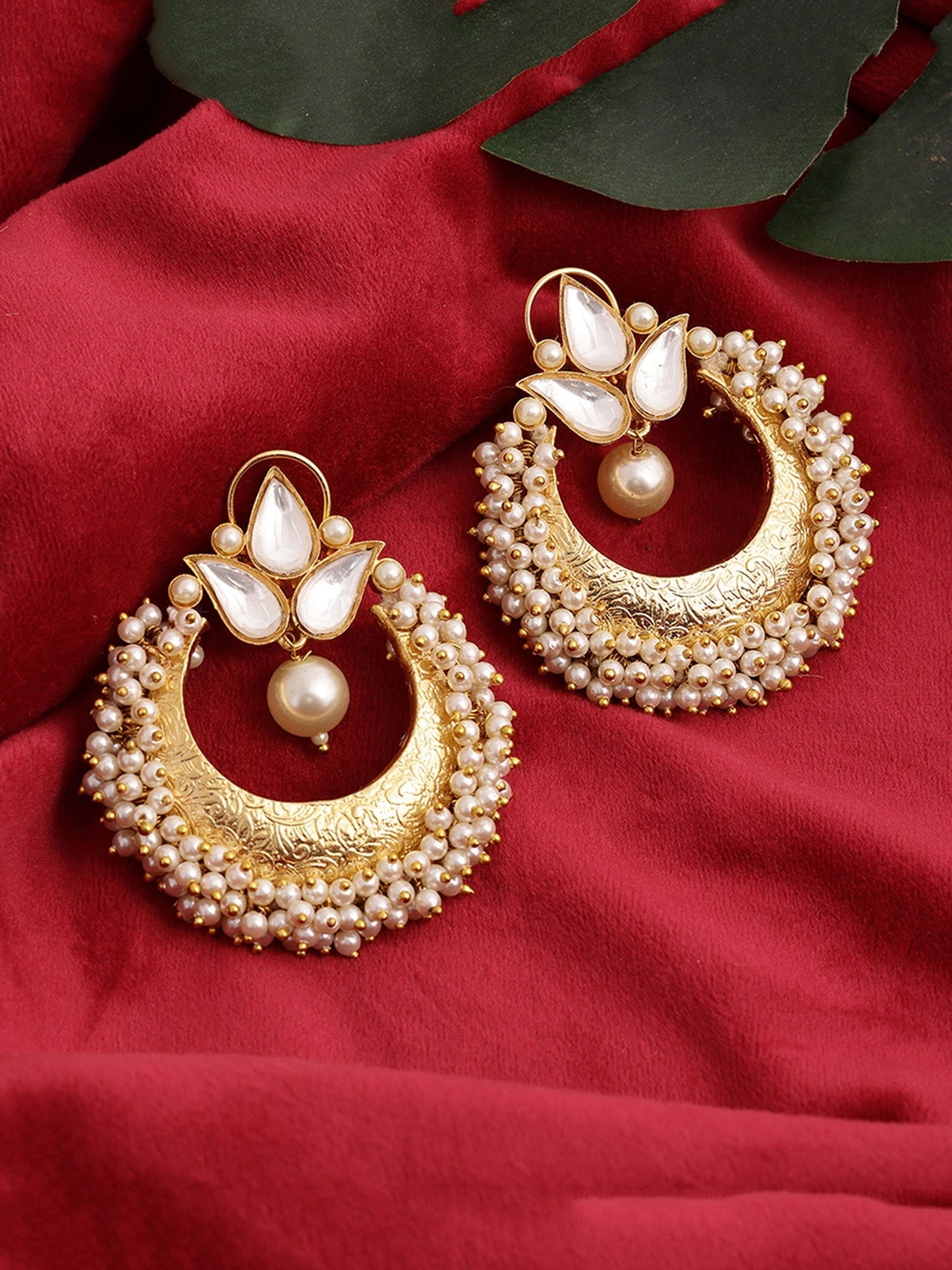 Chand and Teardrop Pearl Earrings - Ruby Raang | Swadesiicart
