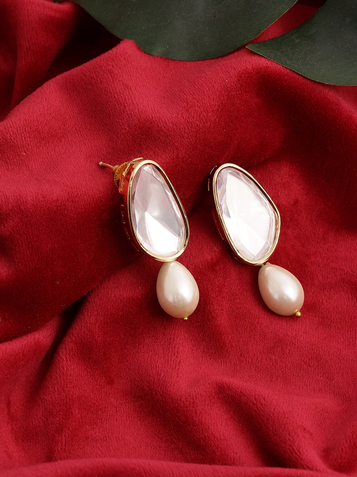 Long Kundan Stud with Pearl Drop - Ruby Raang | Swadesiicart