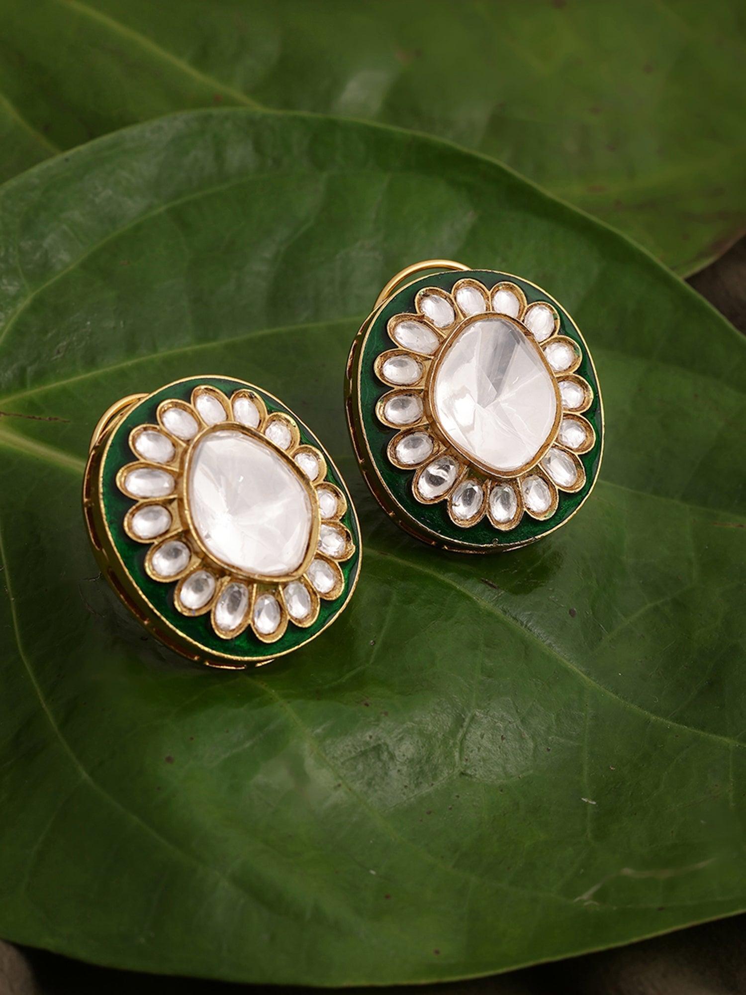 Meenakari Oversized Green Meenakari Studs - Ruby Raang - Swadesiicart