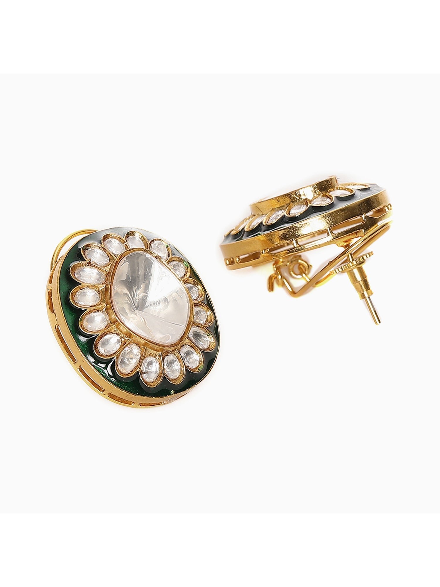 Meenakari Oversized Green Meenakari Studs - Ruby Raang - Swadesiicart