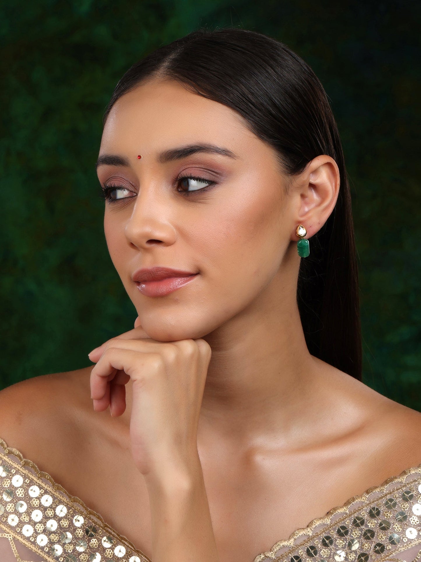 Kundan Studs with Green Stone - Ruby Raang - Swadesiicart