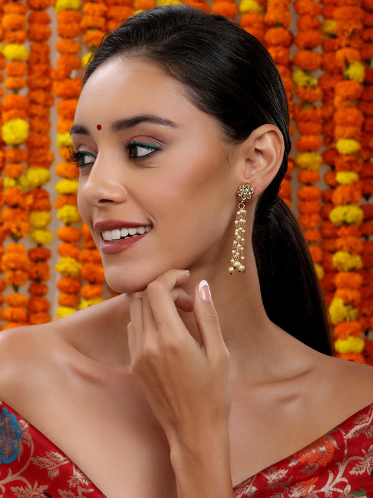 Long Dangler Kundan & Pearl Earrings - Ruby Raang - Swadesiicart