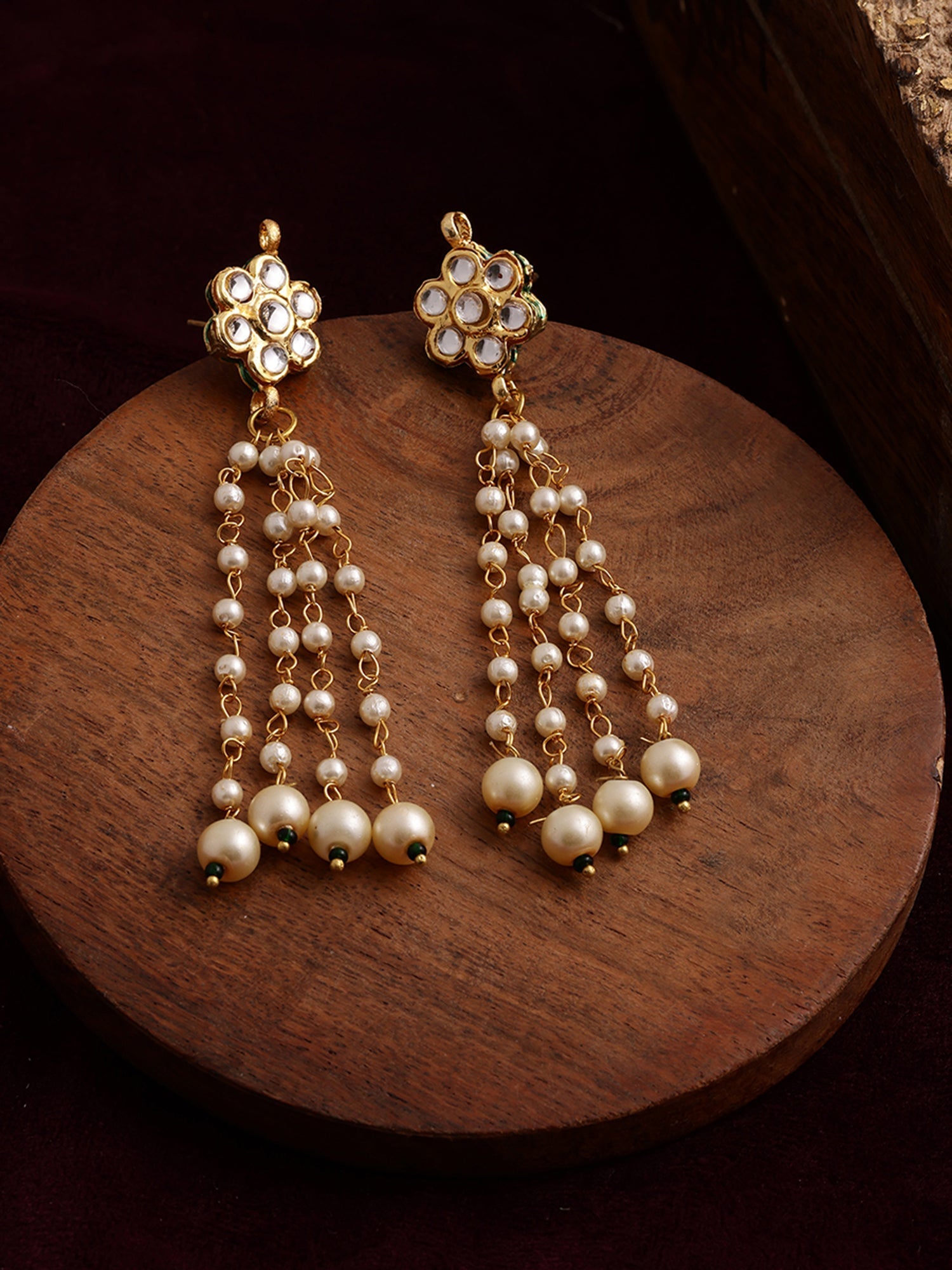 Long Dangler Kundan & Pearl Earrings - Ruby Raang - Swadesiicart