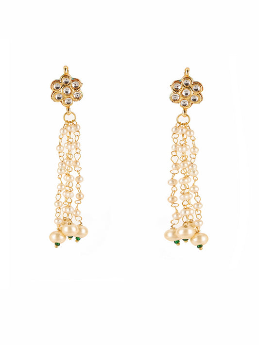 Long Dangler Kundan & Pearl Earrings - Ruby Raang - Swadesiicart
