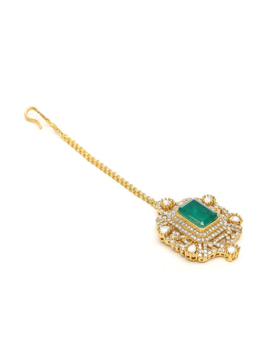 Kundan Maang Tikka with Diamonds & Emerald Stone - Ruby Raang | Swadesiicart