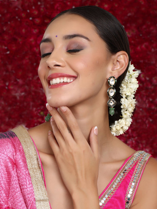 Long Meenakari Kundan Earrings with Emeralds - Ruby Raang - Swadesiicart
