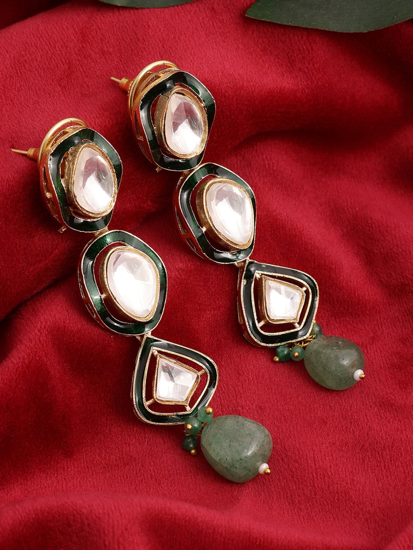 Long Meenakari Kundan Earrings with Emeralds - Ruby Raang - Swadesiicart