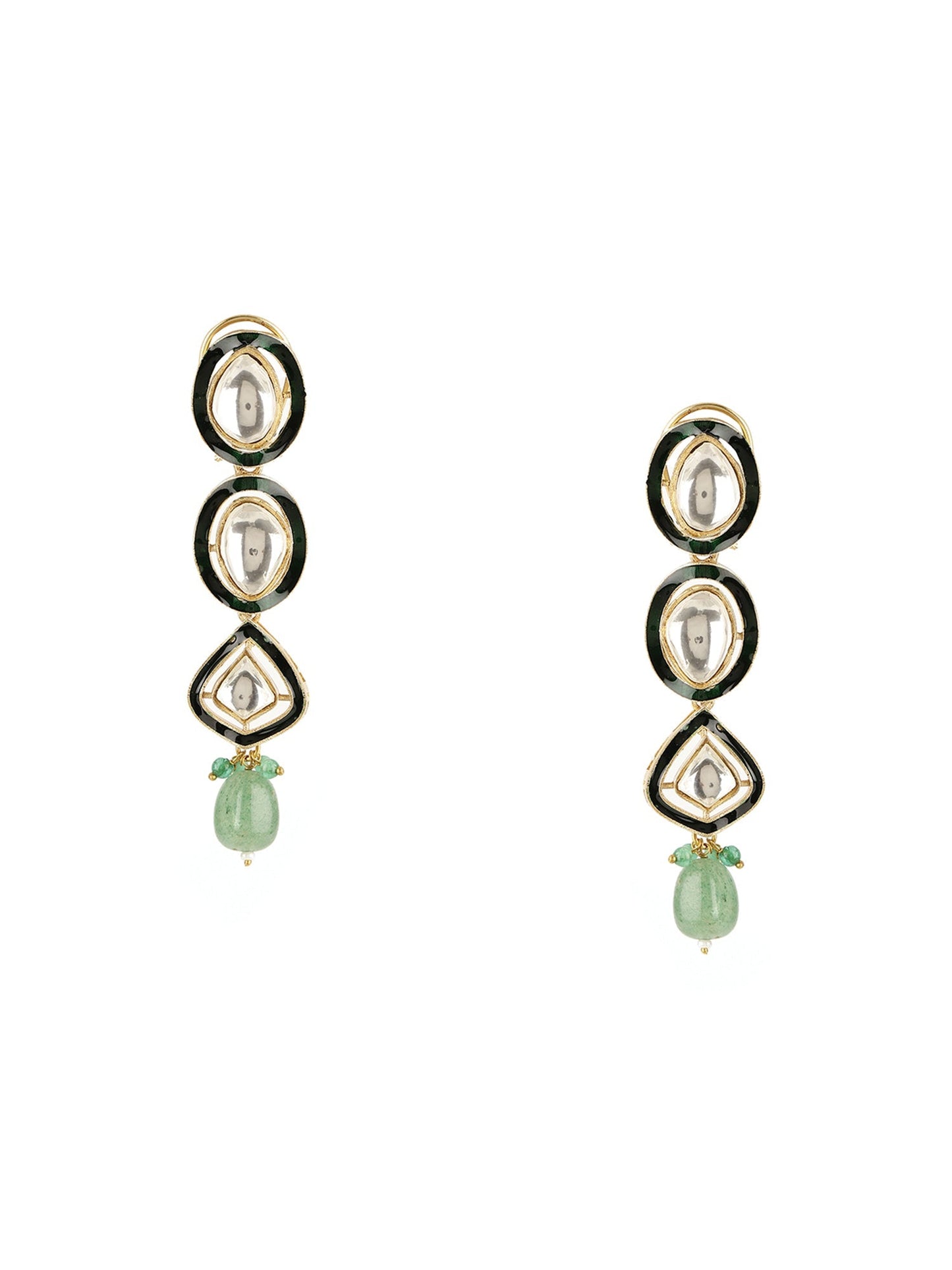 Long Meenakari Kundan Earrings with Emeralds - Ruby Raang - Swadesiicart
